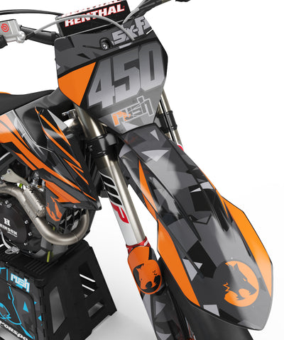 KTM EXC Dekor Cracked - Grau Orange Schwarz - Rushracing - Frontview
